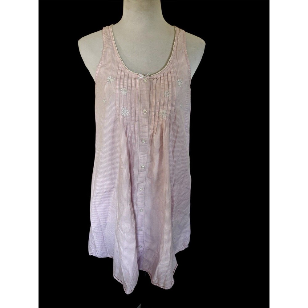 MISS ELAINE Nightgown Embroidered Stripe Button Up Chemise Lounge Cotton Cottage